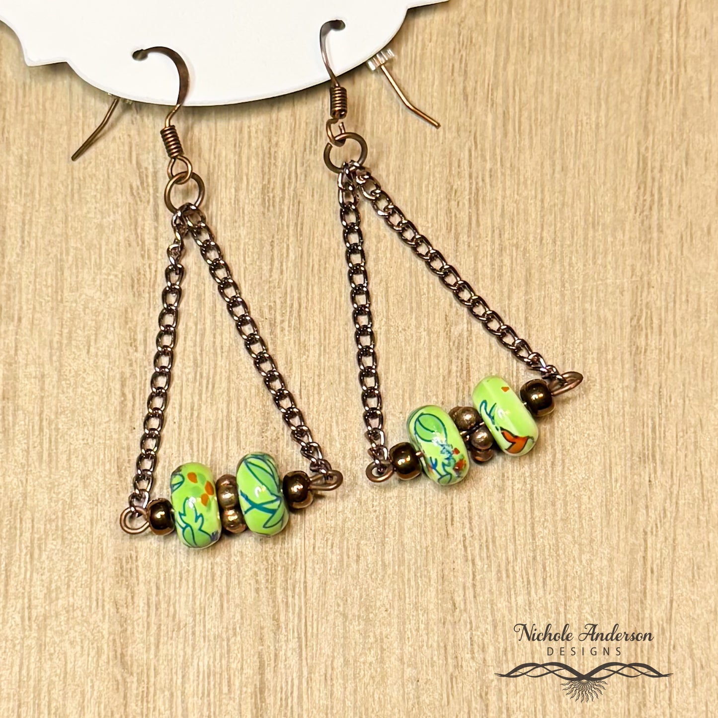 Ceramic Green Copper Chain Earrings