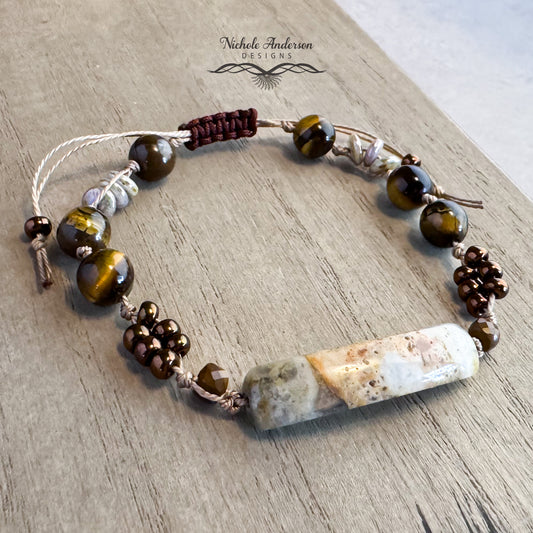 Crazy Lace Agate & Tiger Eye Bracelet, Adjustable from 7" to 10½ inches.