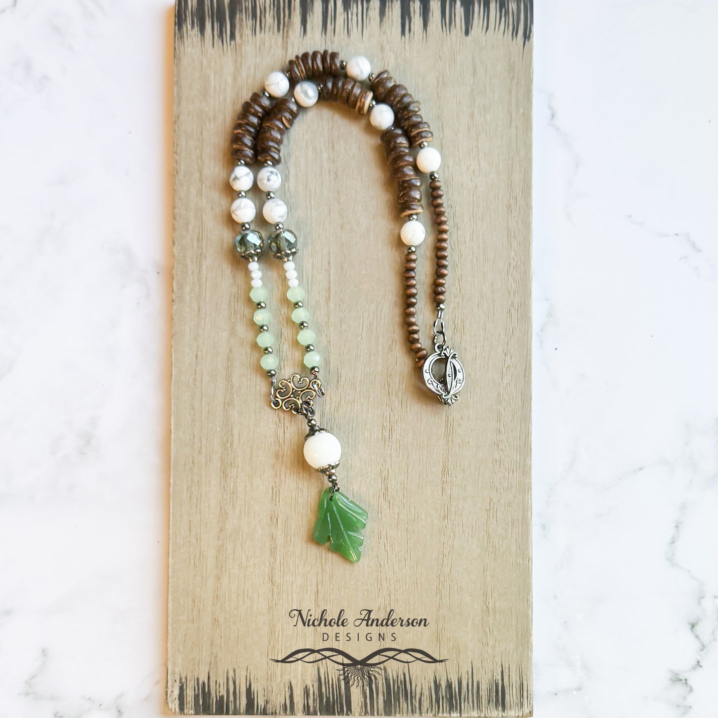 Glass Leaf Necklace, 19 inches in length, Focal 2.5 inches long