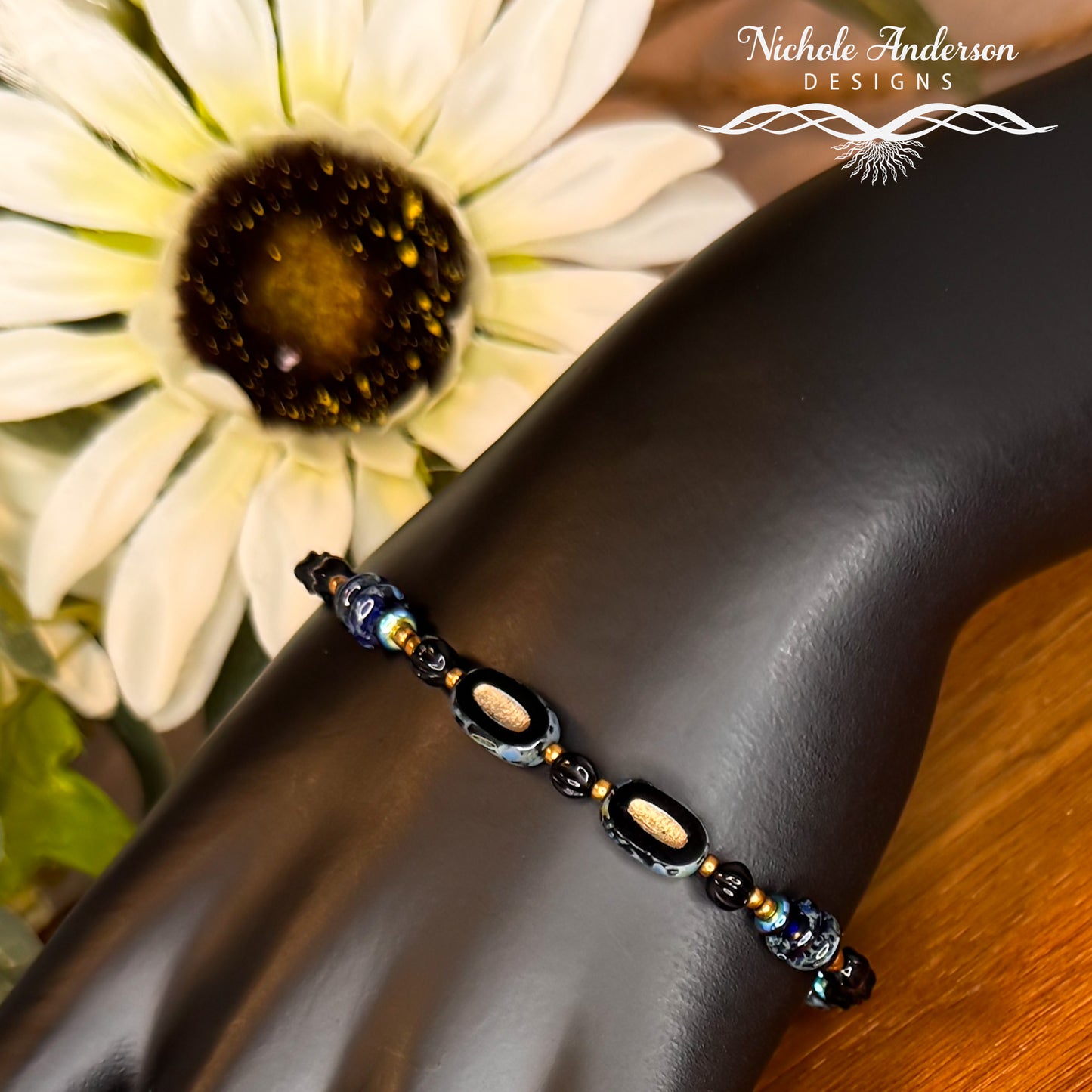 Jet Picasso Beaded Bracelet | Czech Glass & Stainless Steel