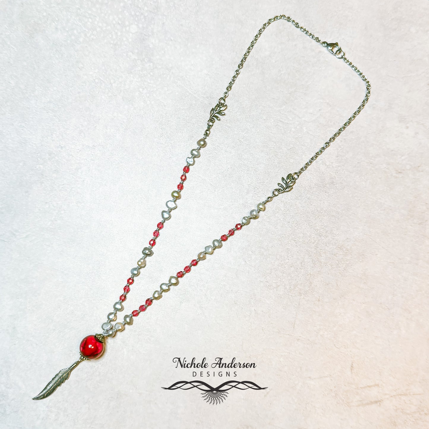 Knotted Grey Pearl & Dark Rose Pendant Necklace, 21 inches length, Pendant drop over 2 inches long