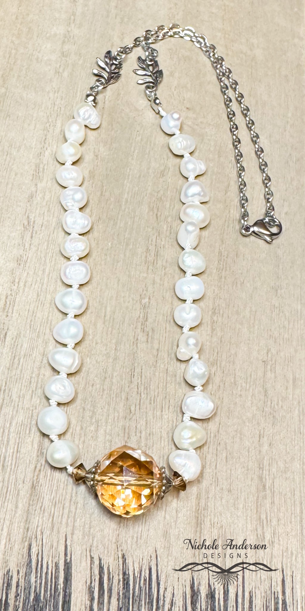 Knotted Pearl Amber Faceted Glass Necklace, 21 inches long