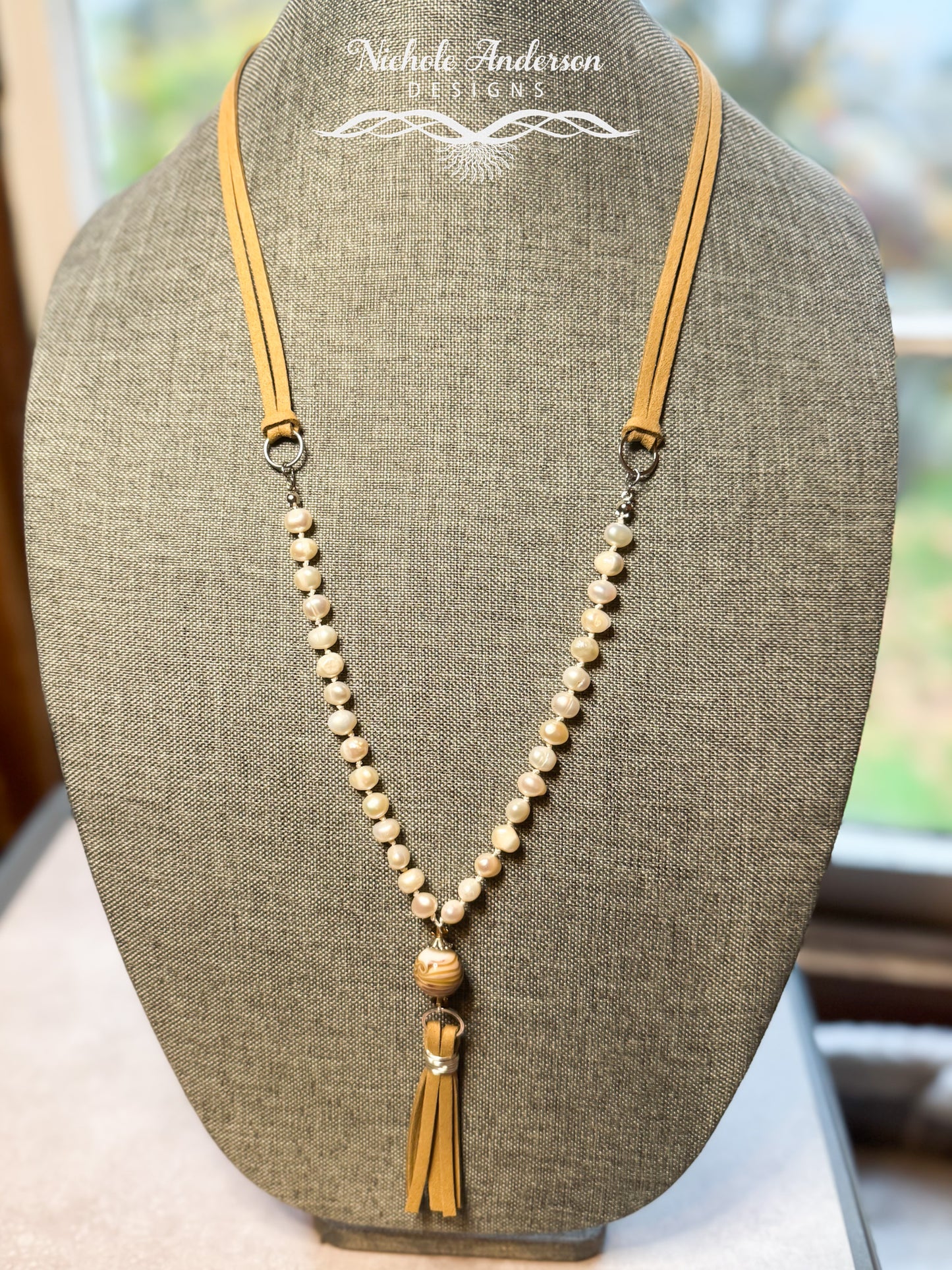 Knotted Pearl Faux Suede Lampwork Necklace, 30 inches length, Pendant 3 1/2 long