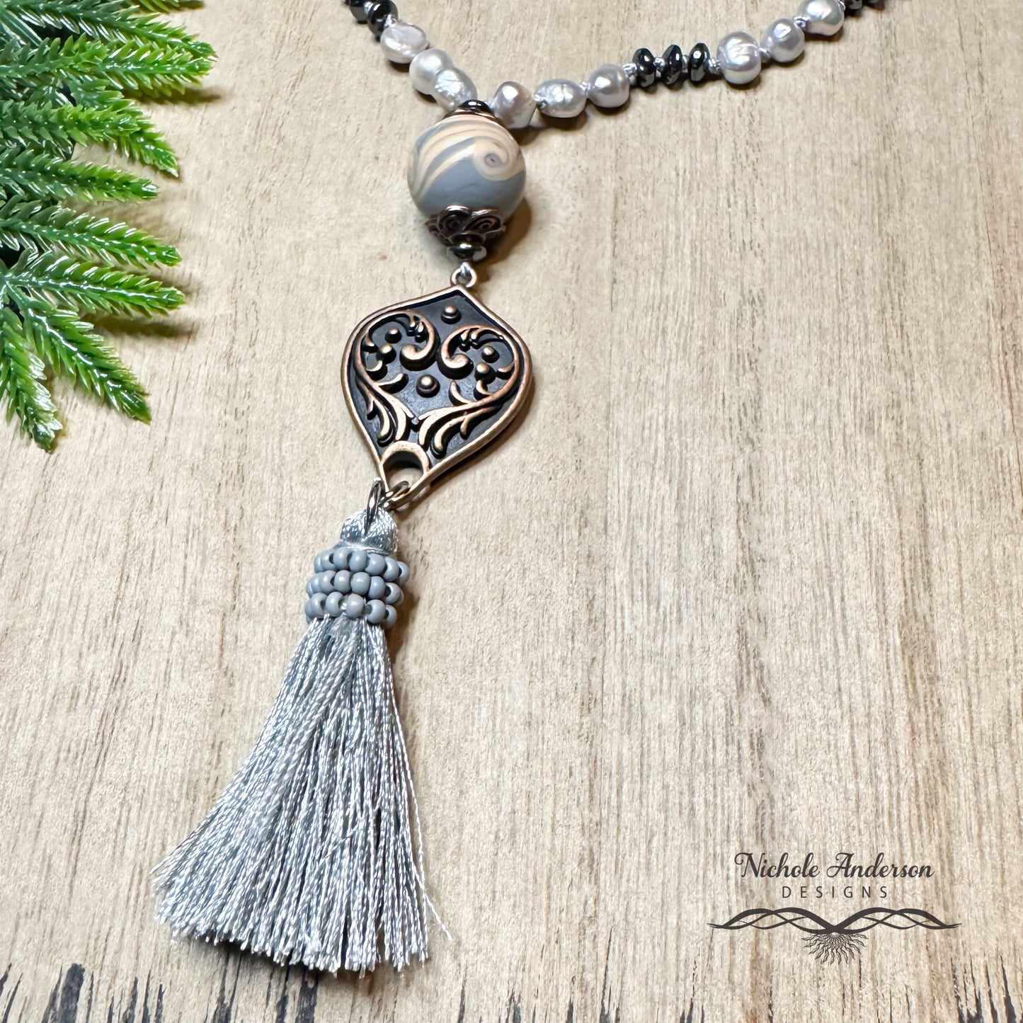 Majestic Swirled Focal and Pearls Necklace, 20 inches in length, 2 inch extender chain, focal 3 1/2 inches long.