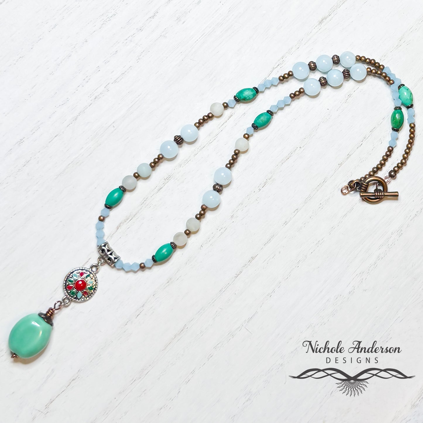 Porcelain Glazed Flower Necklace, 19 inches, Focal is 2 inches in length