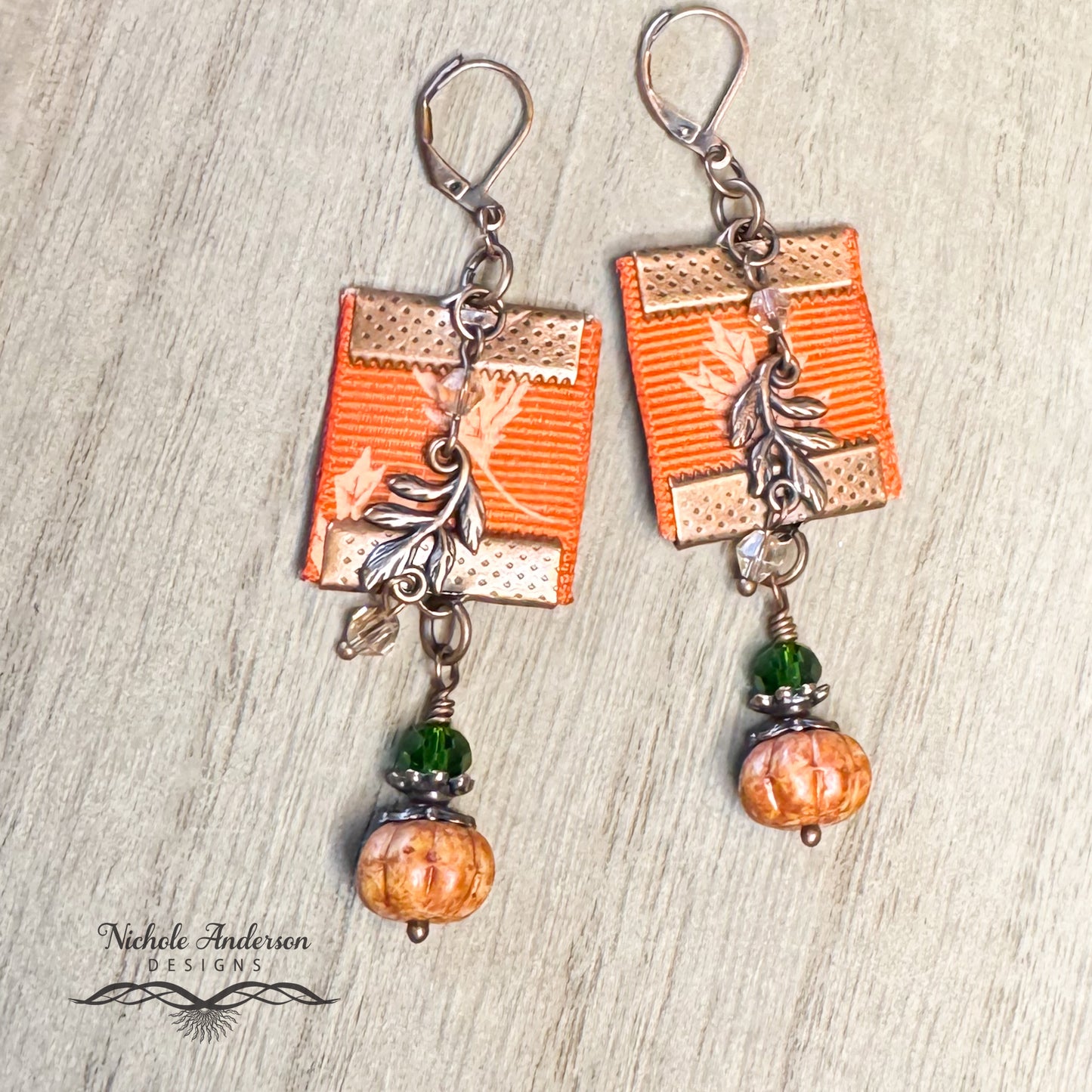 Pumpkin Copper Branch Ribbon Earrings