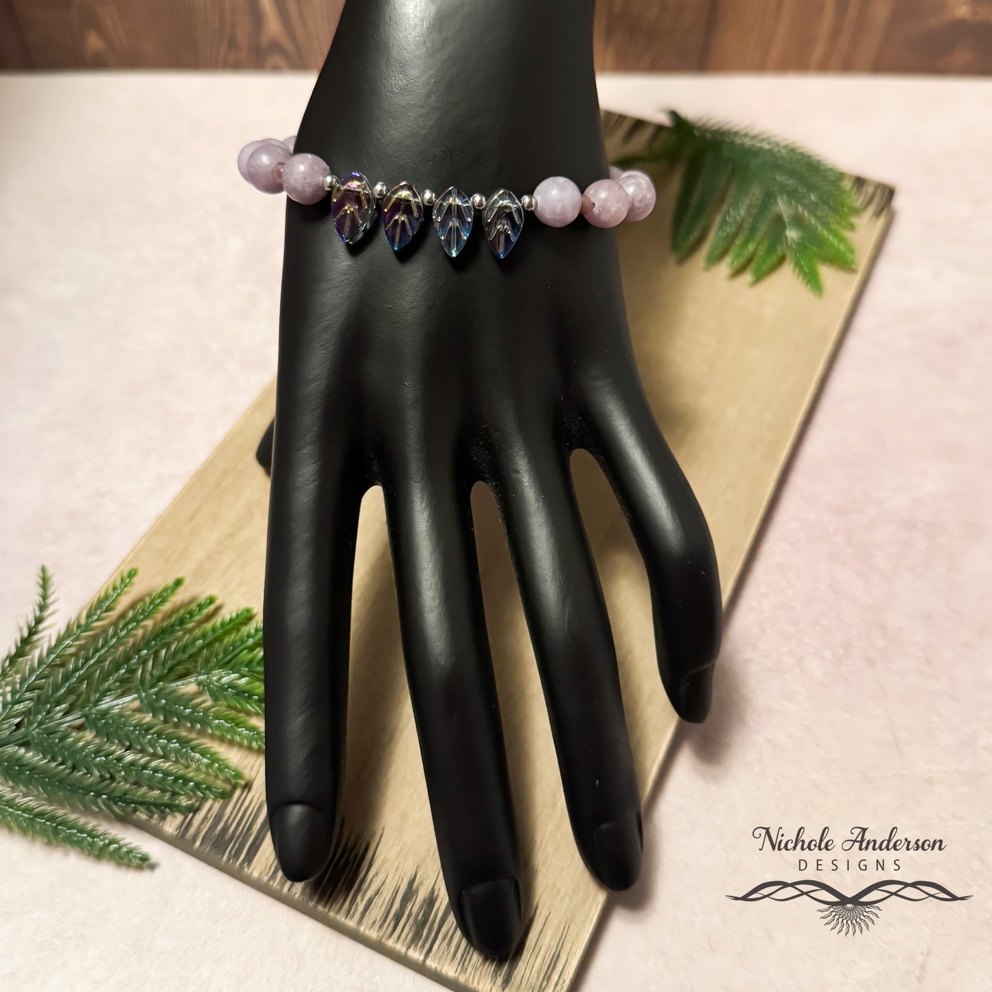 Purple Lepidolite, Leaves Bracelet, Adjustable 6 3/4 - 8 inches