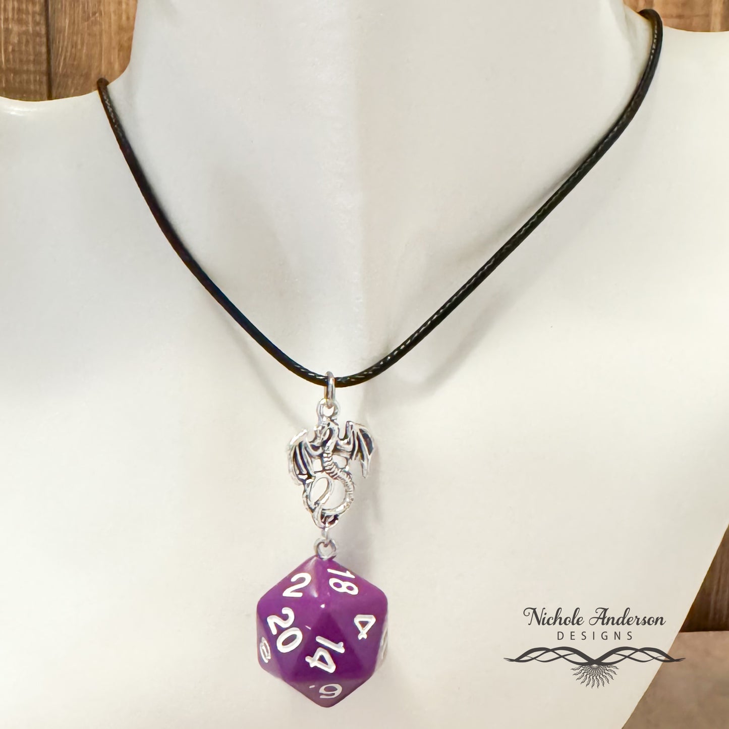 Purple & White D20 Die Necklace, 17 inches long, 2 inch extender, 2 inch focal
