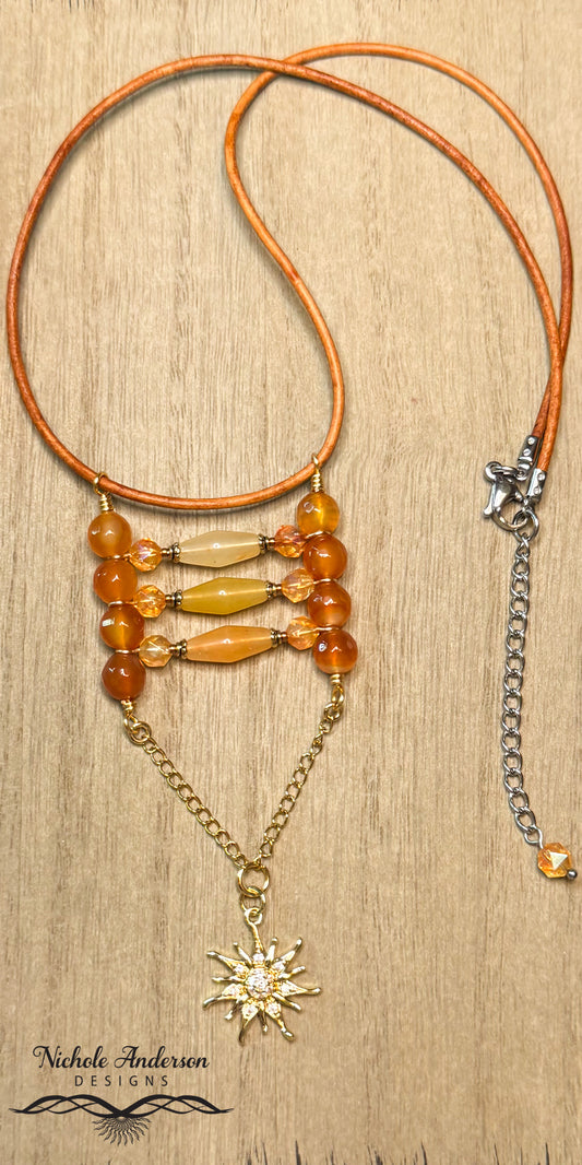 Red Agate & Aventurine Pendant Necklace | Leather Cord
