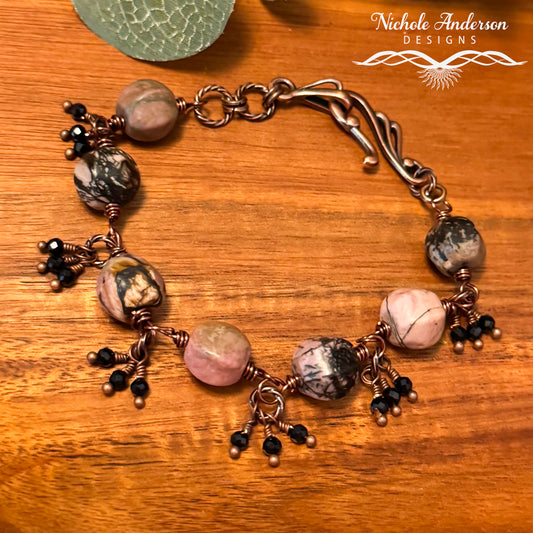 Rhodonite & Spinel Wire-Wrapped Bracelet | Antique Copper Artisan Jewelry