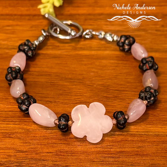 Rose Quartz Carved Flower Bracelet | Czech Glass