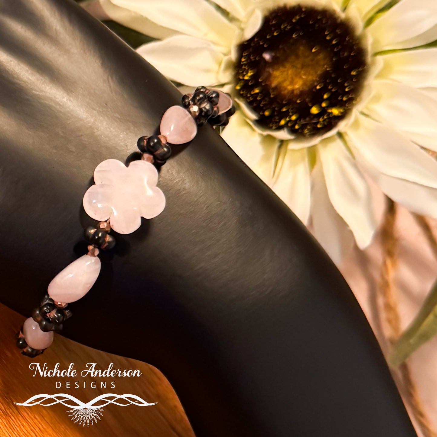 Rose Quartz Carved Flower Bracelet | Czech Glass