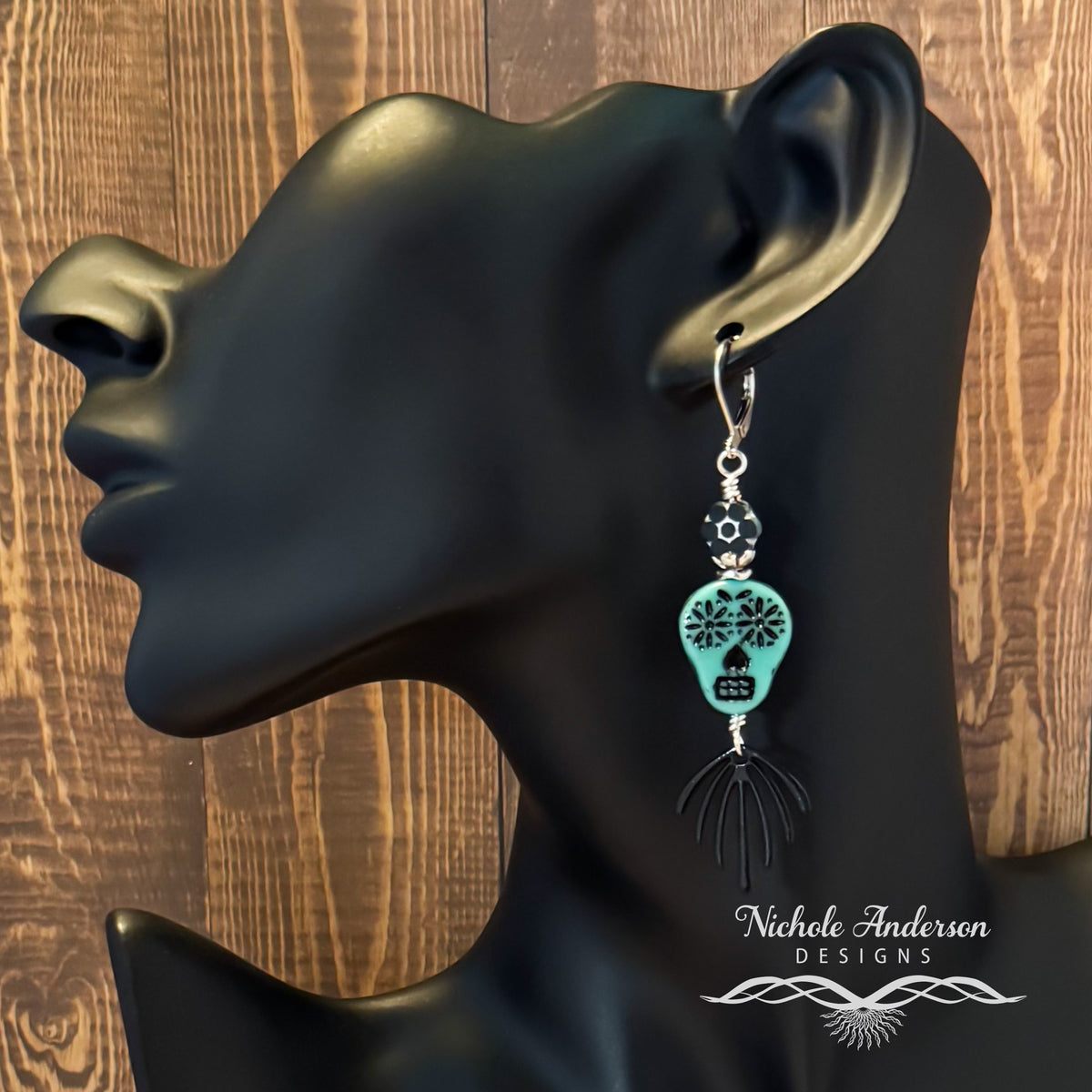 Sugar Skull Turquoise & Black Flower Drop Earrings