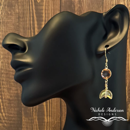 Sunset Crescent Moon Earrings | Peach Glass & Gold Wire-Wrapped