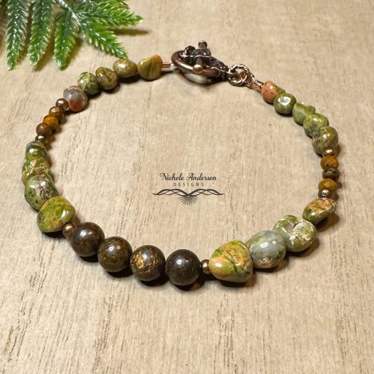 Unakite Bronzite Bracelet, 7 3/4 inches length