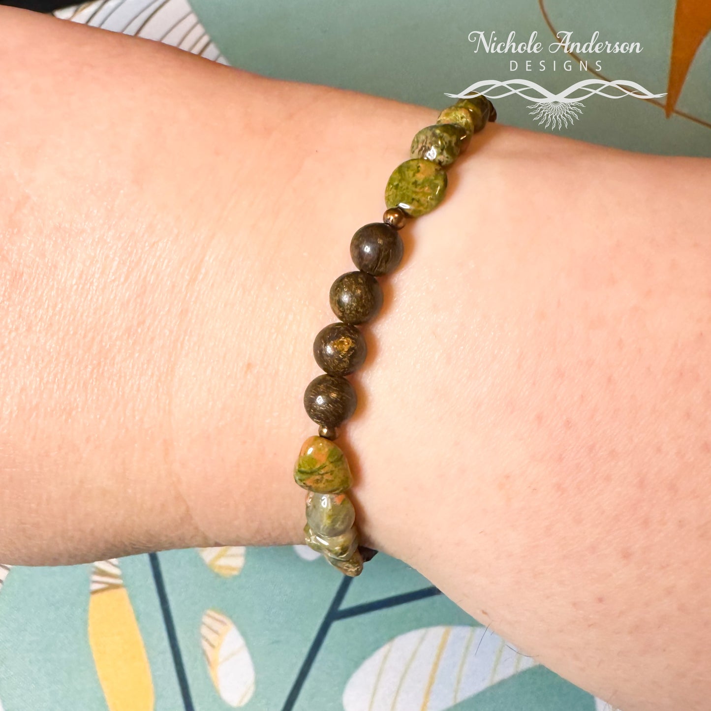 Unakite Bronzite Bracelet, 7 3/4 inches length