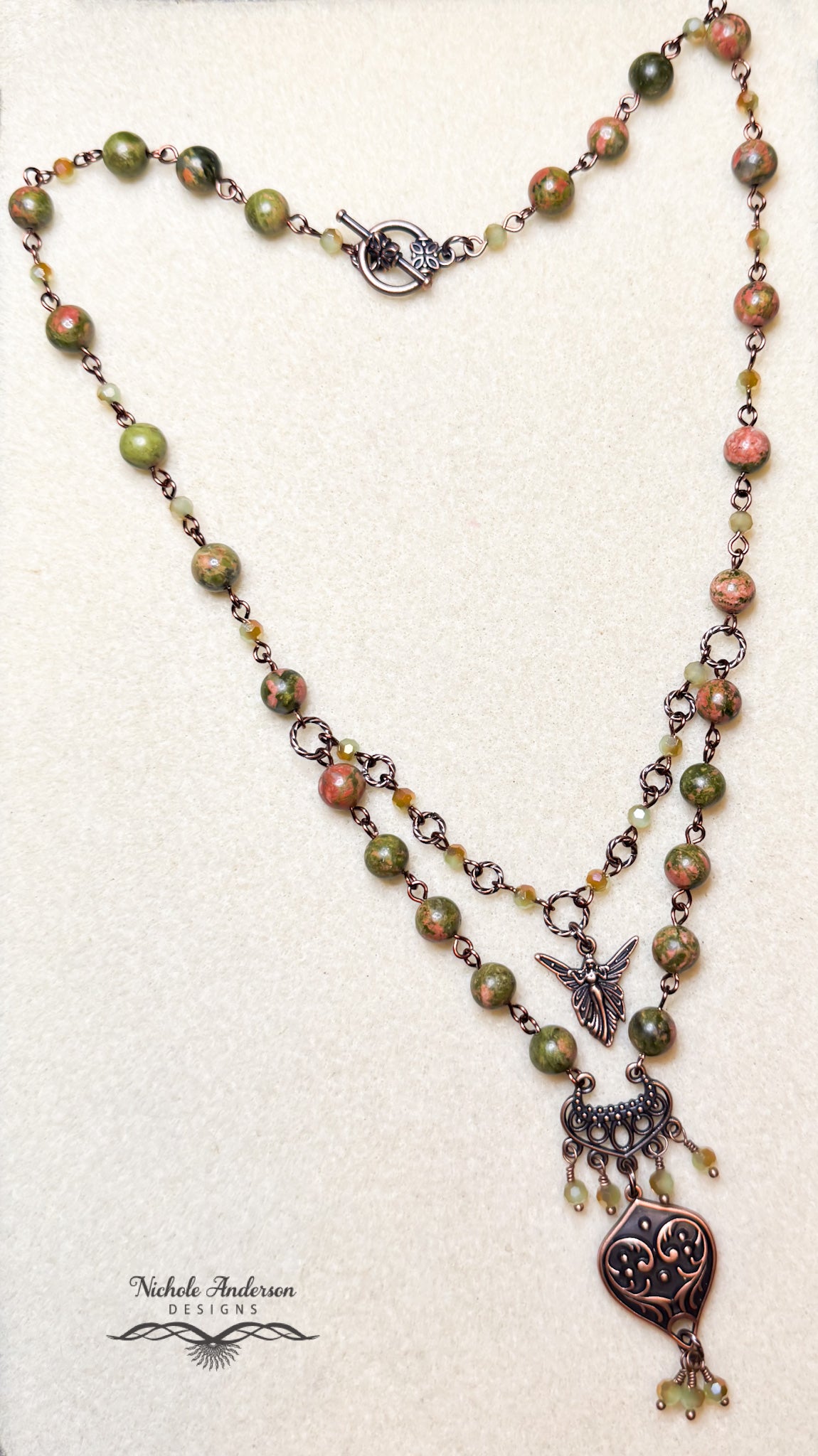 Unakite Two-Tier Pendant Necklace, 20 inches length, Pendant 2.5 inches long
