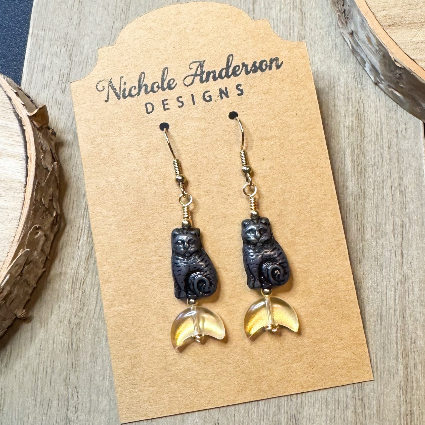 Black Cat on Crescent Moon Earrings