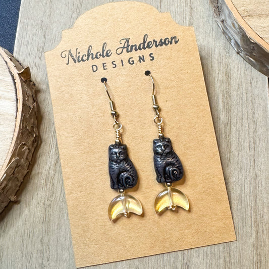 Black Cat on Crescent Moon Earrings