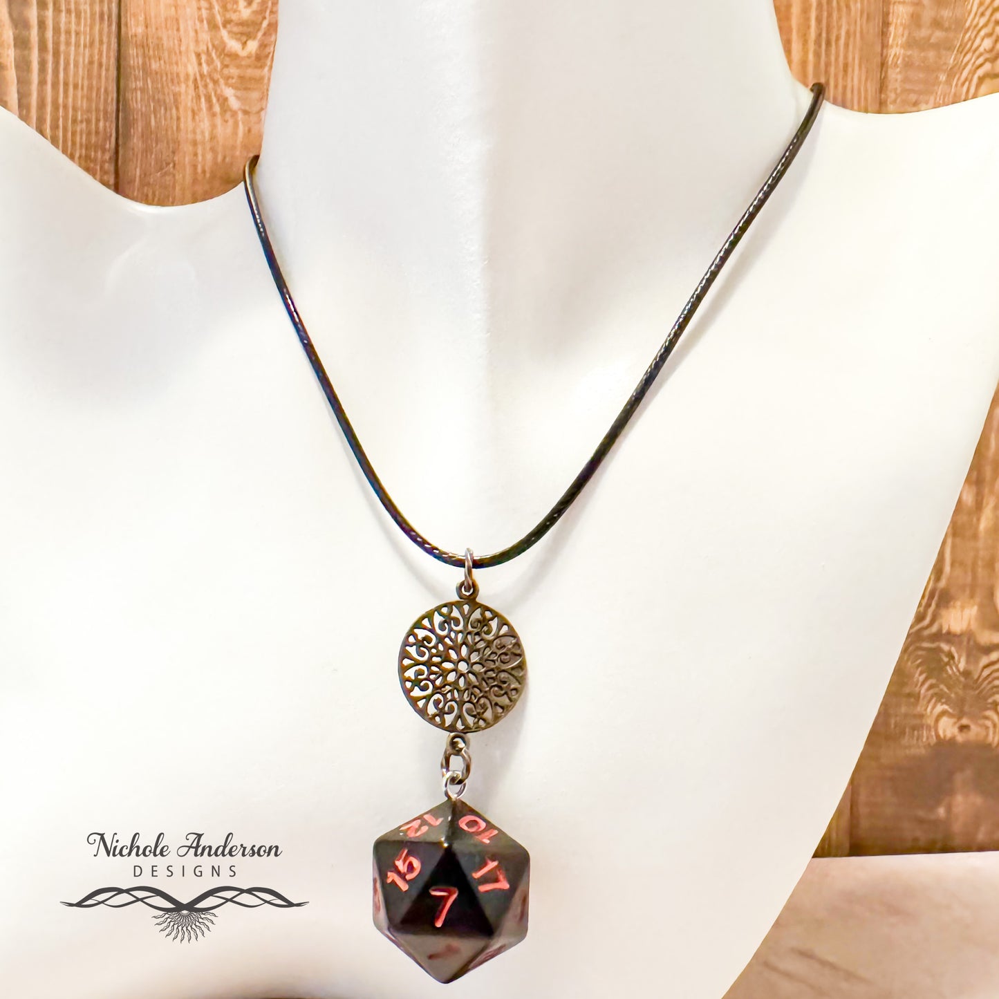 D20 Die Black & Red Bronze Necklace , 17 inches long, 2 inch extender chain, 2 1/2 inch focal