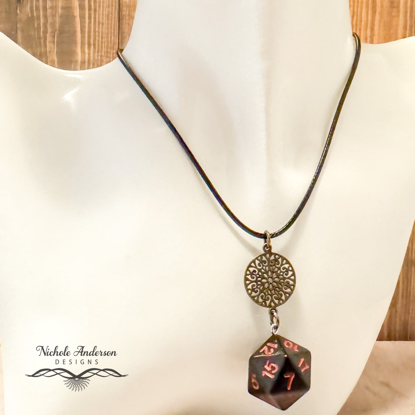 D20 Die Black & Red Bronze Necklace , 17 inches long, 2 inch extender chain, 2 1/2 inch focal