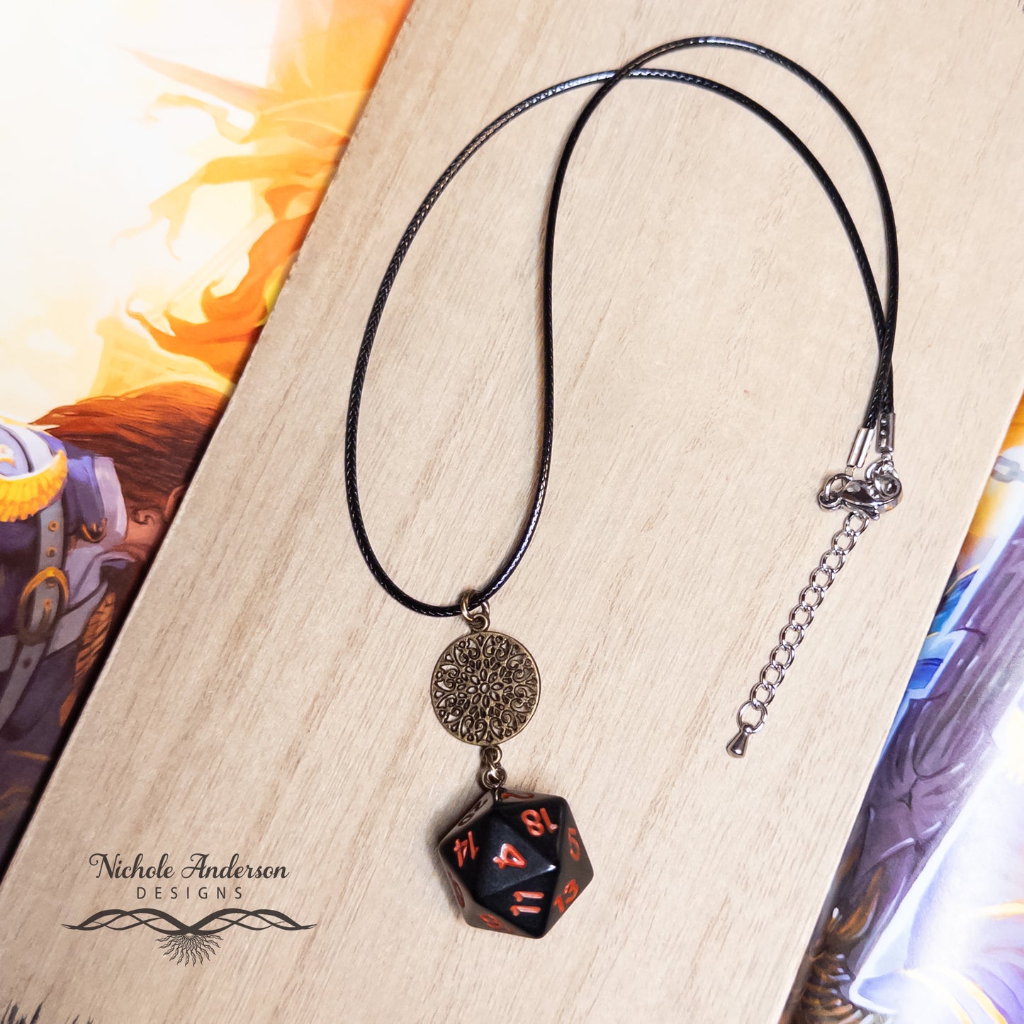 D20 Die Black & Red Bronze Necklace , 17 inches long, 2 inch extender chain, 2 1/2 inch focal