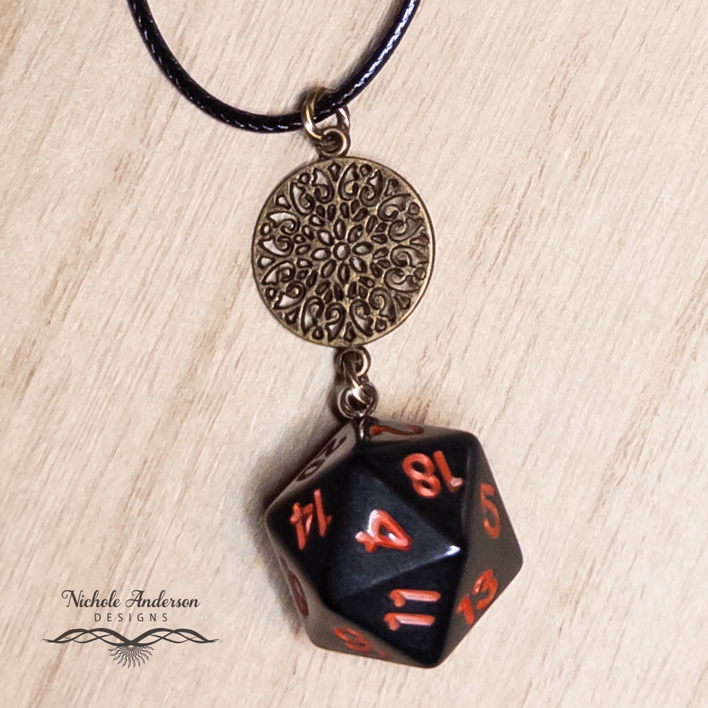 D20 Die Black & Red Bronze Necklace , 17 inches long, 2 inch extender chain, 2 1/2 inch focal