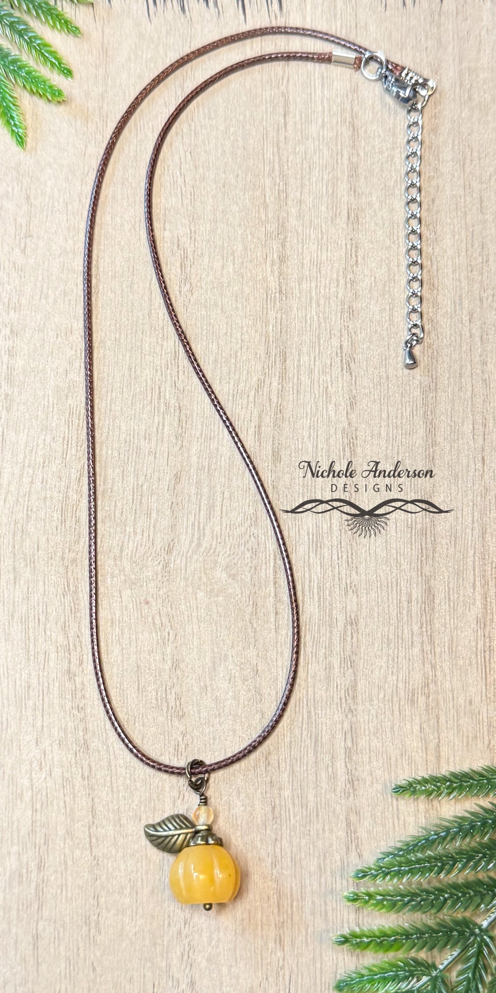 Carved Malaysian Jade Pumpkin Necklace, 17 inches long, 2 inch extender