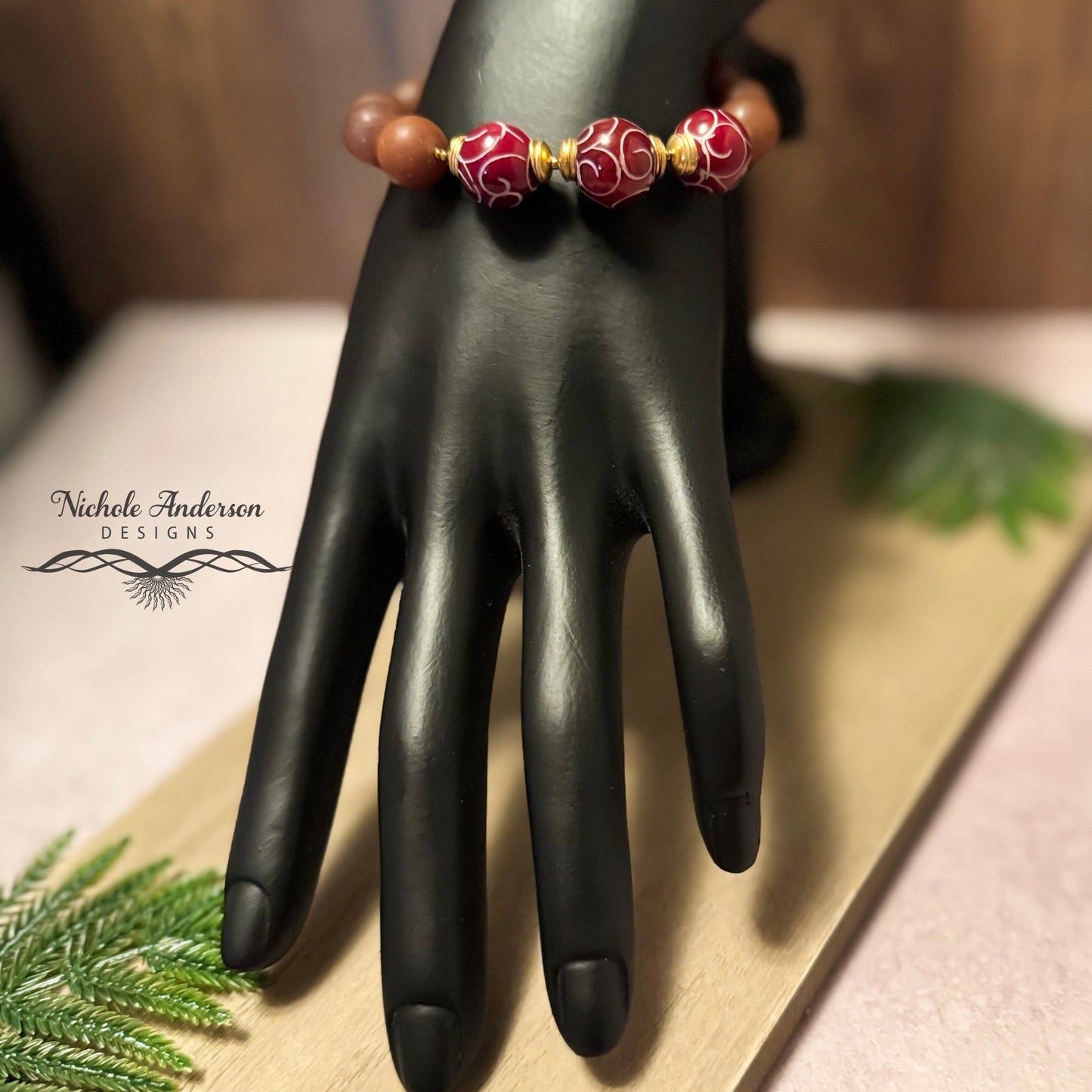 Carved Ruby Jade & Adventurine Bracelet, Adjustable 6 3/4 in - 8in