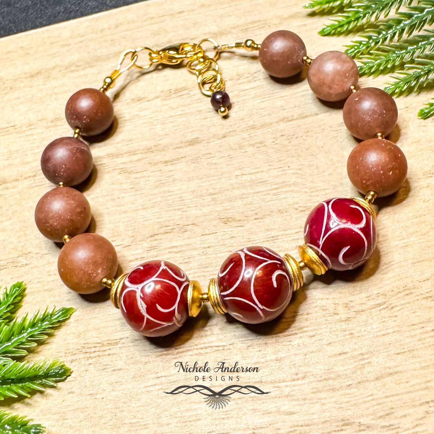 Carved Ruby Jade & Adventurine Bracelet, Adjustable 6 3/4 in - 8in