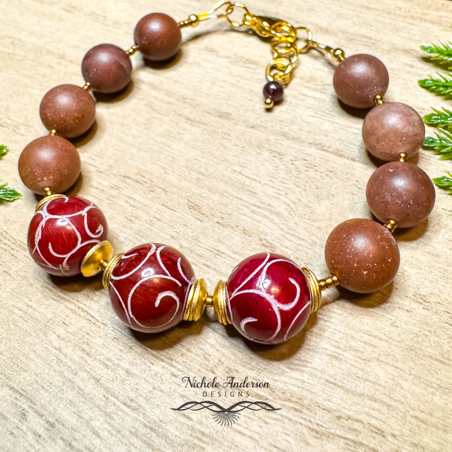 Carved Ruby Jade & Adventurine Bracelet, Adjustable 6 3/4 in - 8in