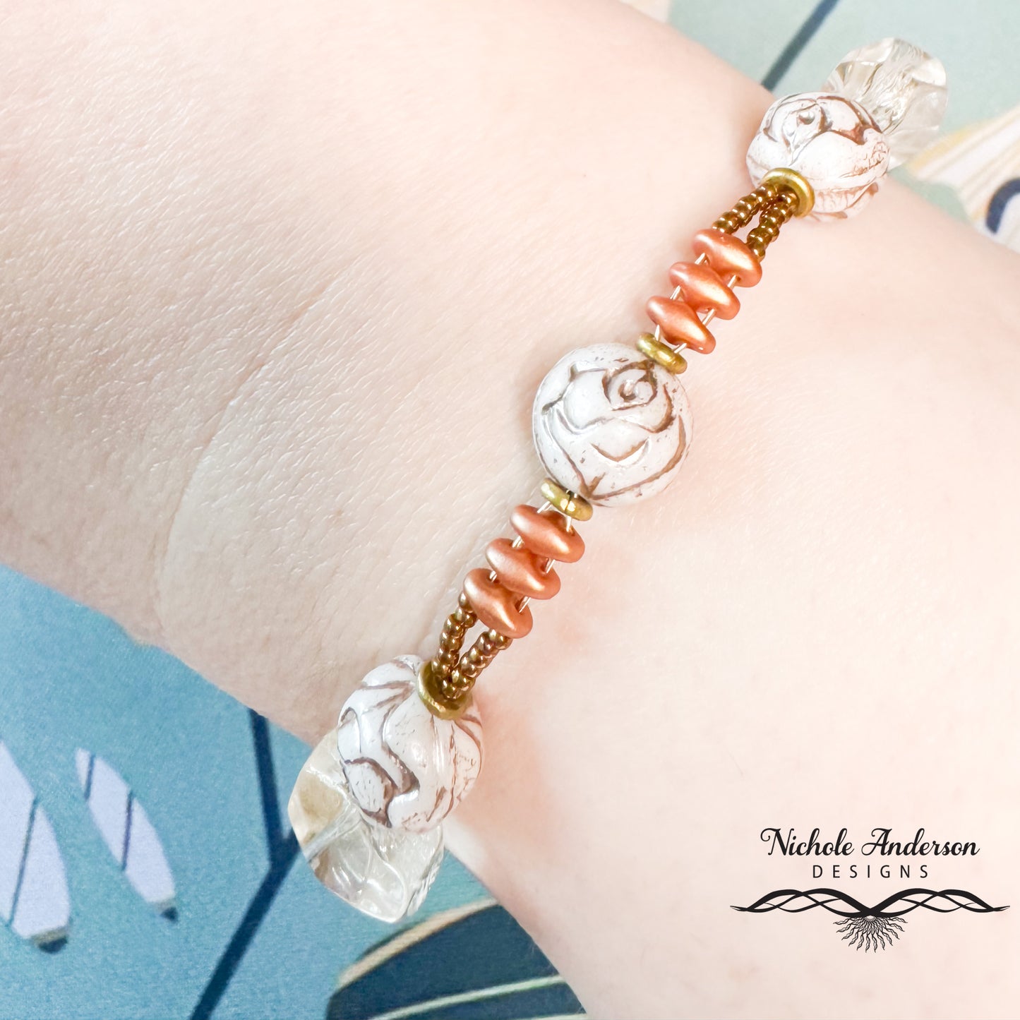 White Silk Rose Bracelet | Gold-Etched Czech Glass & Crystal Magma