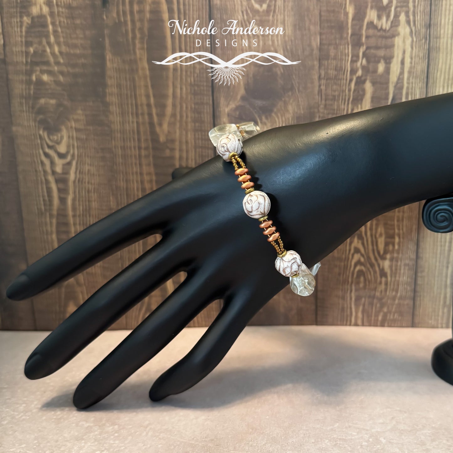 White Silk Rose Bracelet | Gold-Etched Czech Glass & Crystal Magma