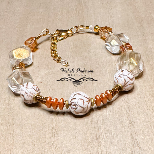 White Silk Rose Bracelet | Gold-Etched Czech Glass & Crystal Magma