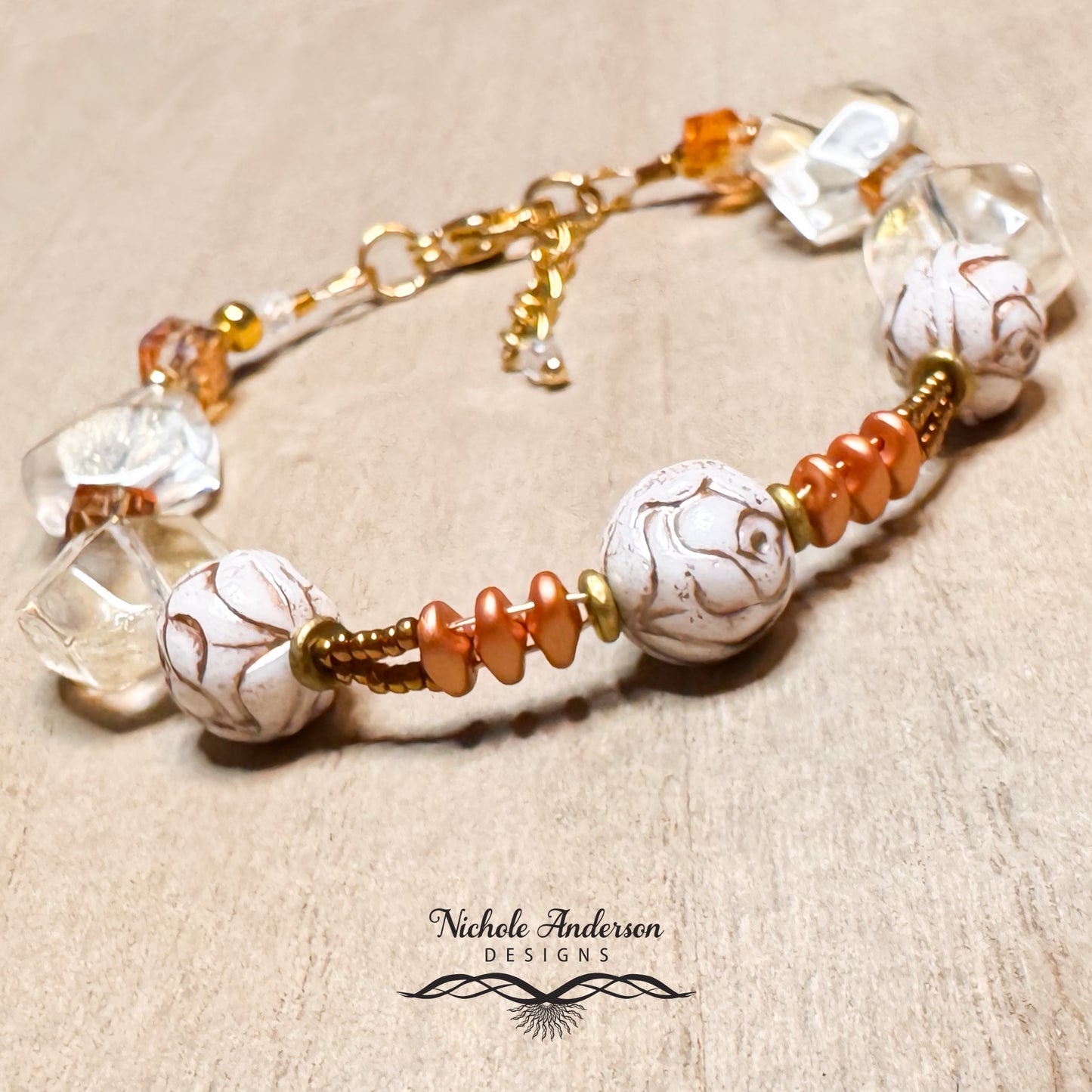 White Silk Rose Bracelet | Gold-Etched Czech Glass & Crystal Magma