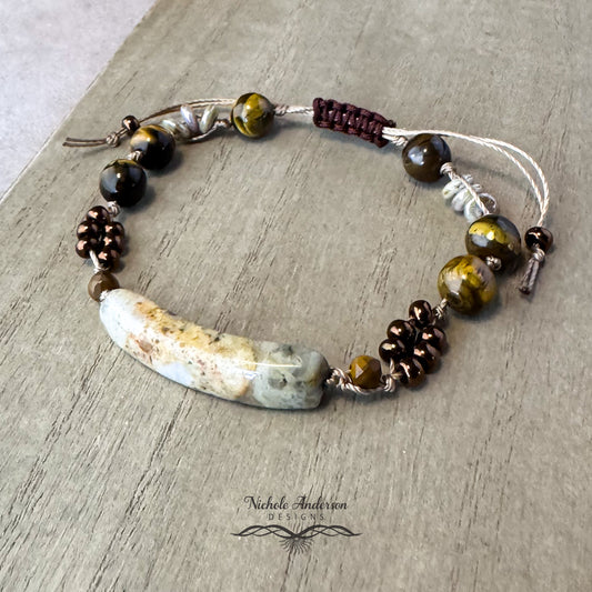 Crazy Lace Agate & Tiger Eye Bracelet, Adjustable from 7" to 10½ inches.