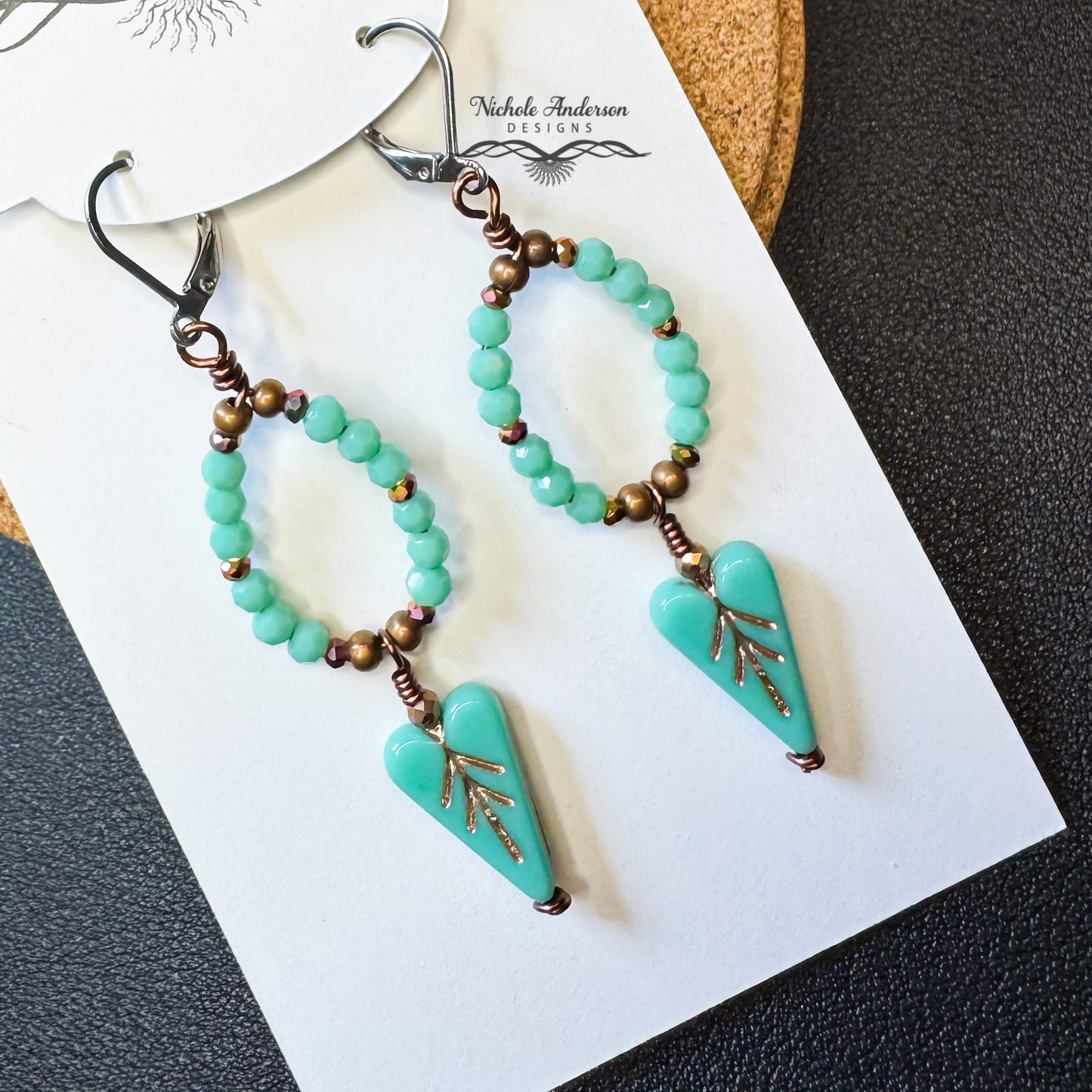 Turquoise Heart Leaf Earrings | Czech Glass & Antique Copper Hoops