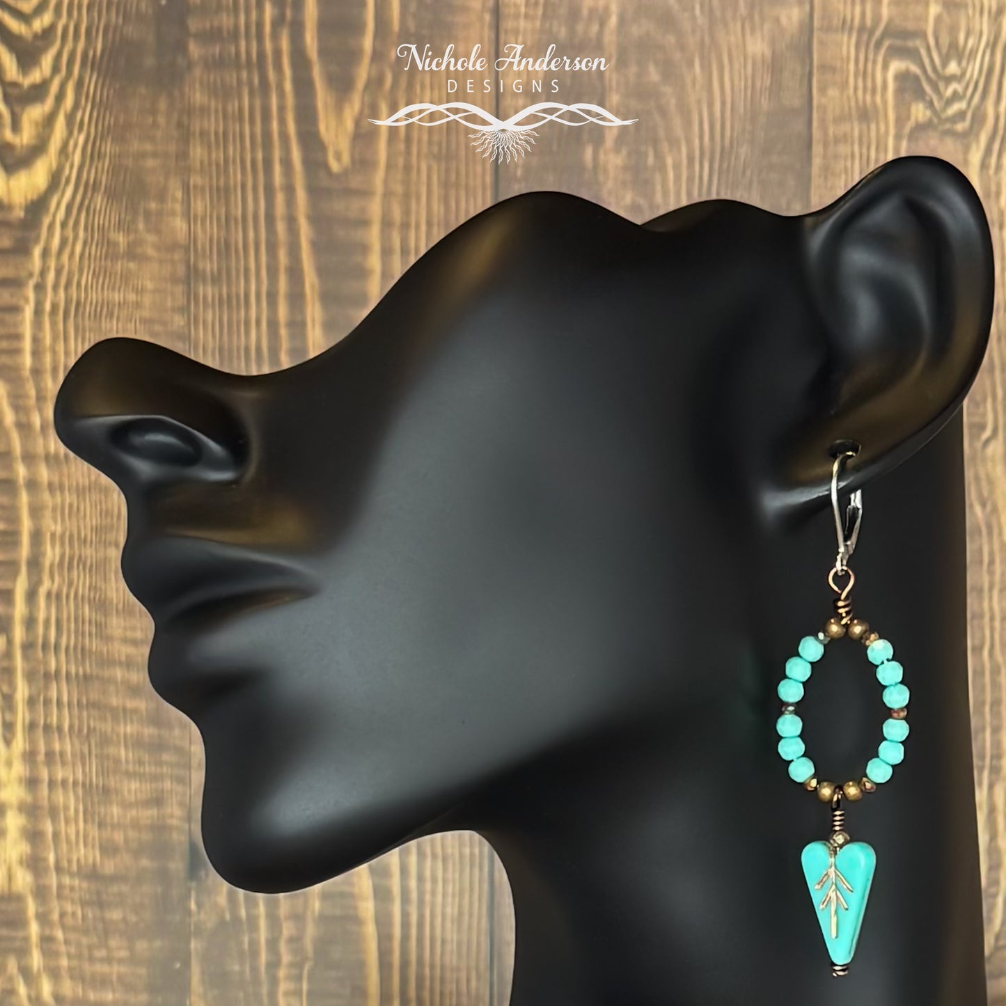 Turquoise Heart Leaf Earrings | Czech Glass & Antique Copper Hoops
