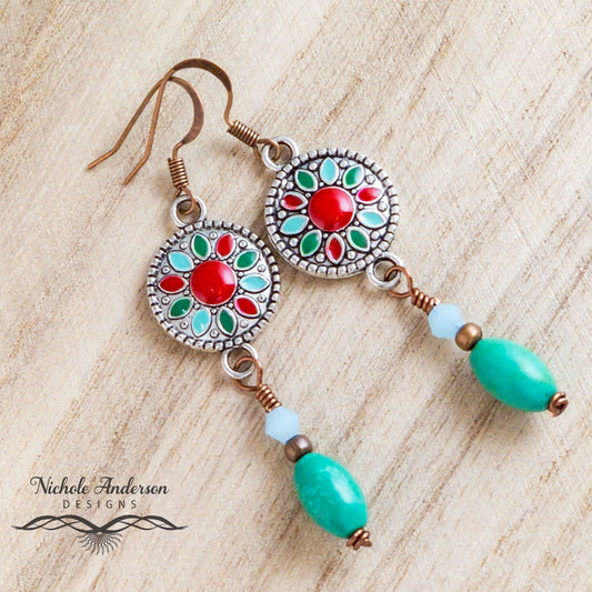 Howlite Green Turquoise Flower Earrings