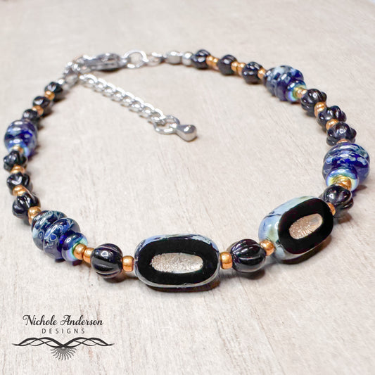 Jet Picasso Beaded Bracelet | Czech Glass & Stainless Steel