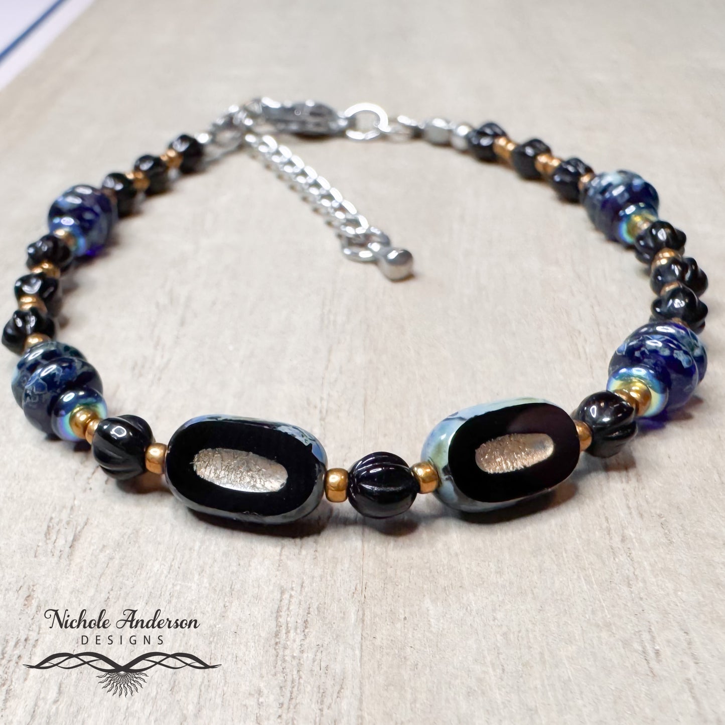 Jet Picasso Beaded Bracelet | Czech Glass & Stainless Steel