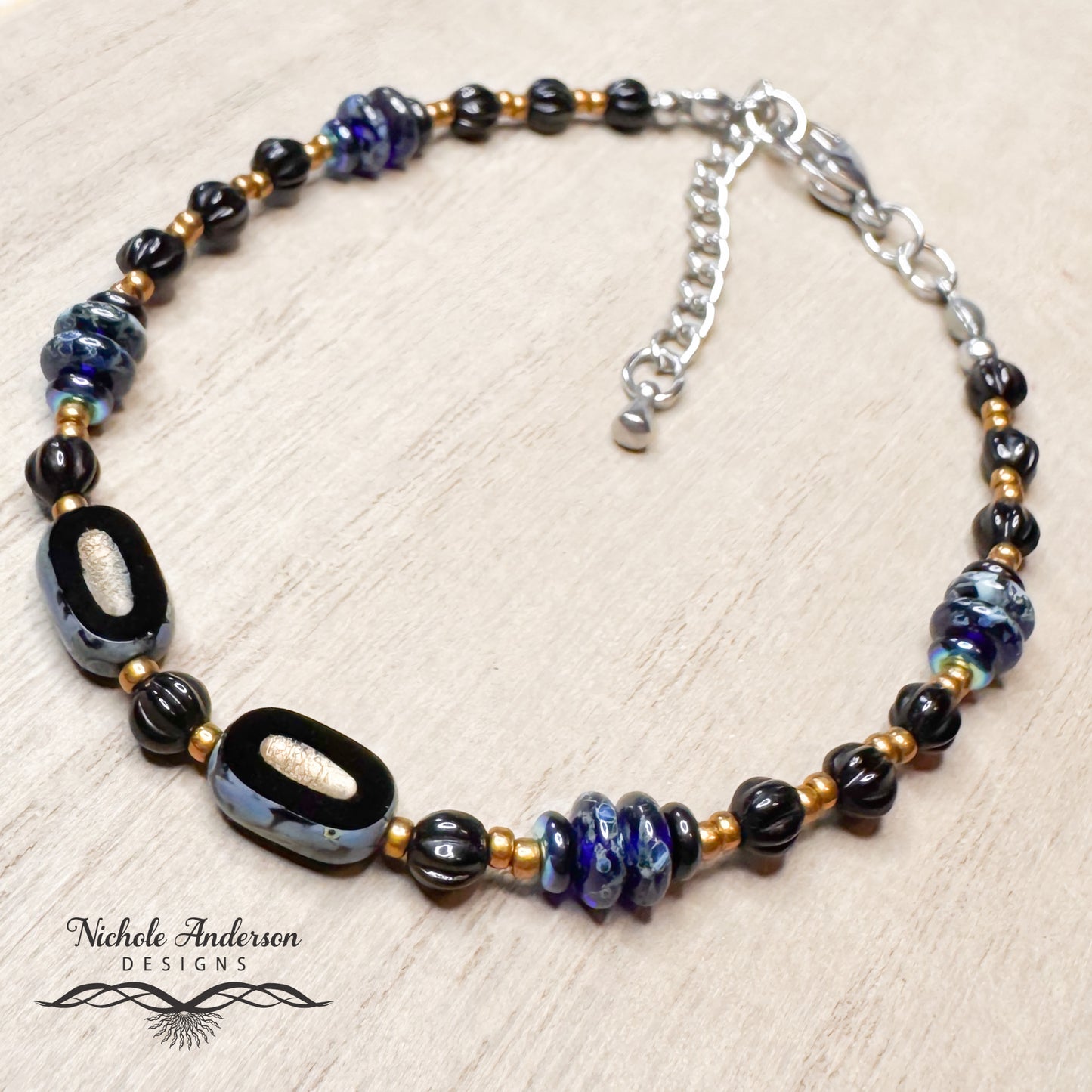 Jet Picasso Beaded Bracelet | Czech Glass & Stainless Steel