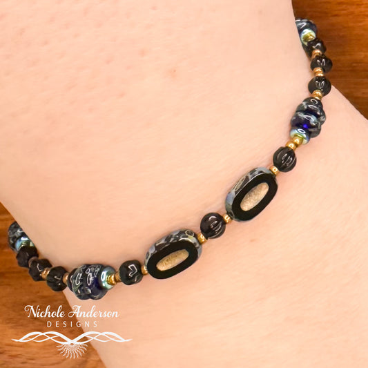 Jet Picasso Beaded Bracelet | Czech Glass & Stainless Steel