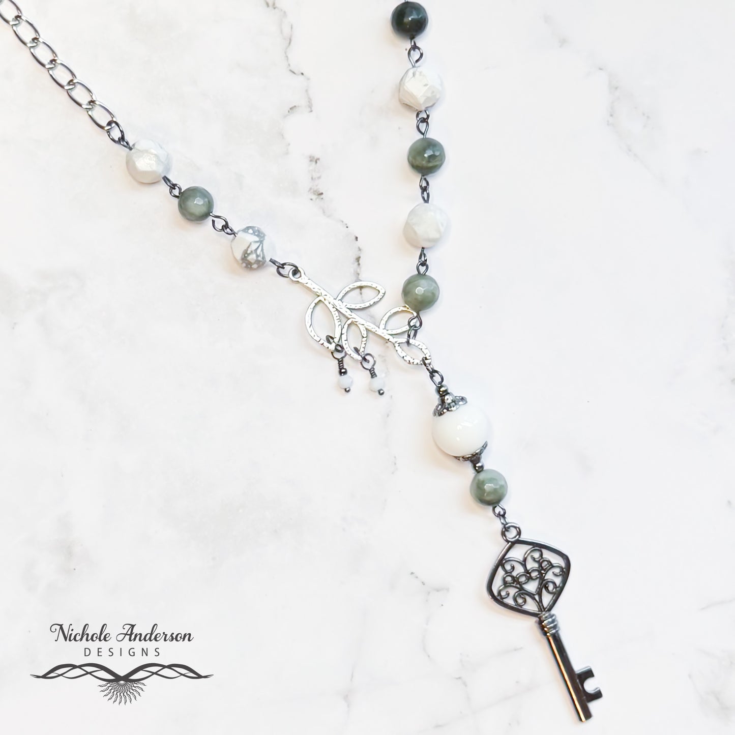 Key Howlite Green Line Jasper Necklace, 20 inches in length, Focal 3.5 inches long