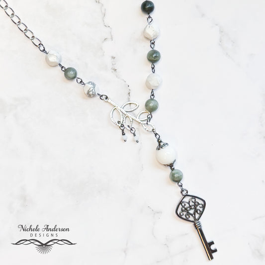 Key Howlite Green Line Jasper Necklace, 20 inches in length, Focal 3.5 inches long