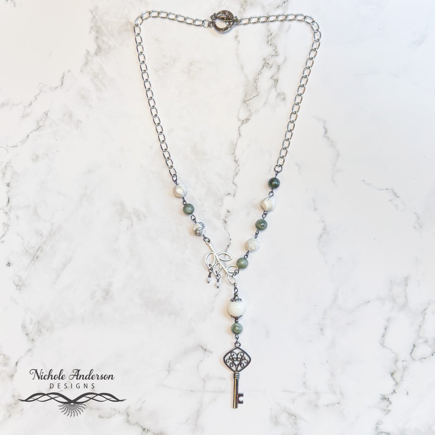 Key Howlite Green Line Jasper Necklace, 20 inches in length, Focal 3.5 inches long