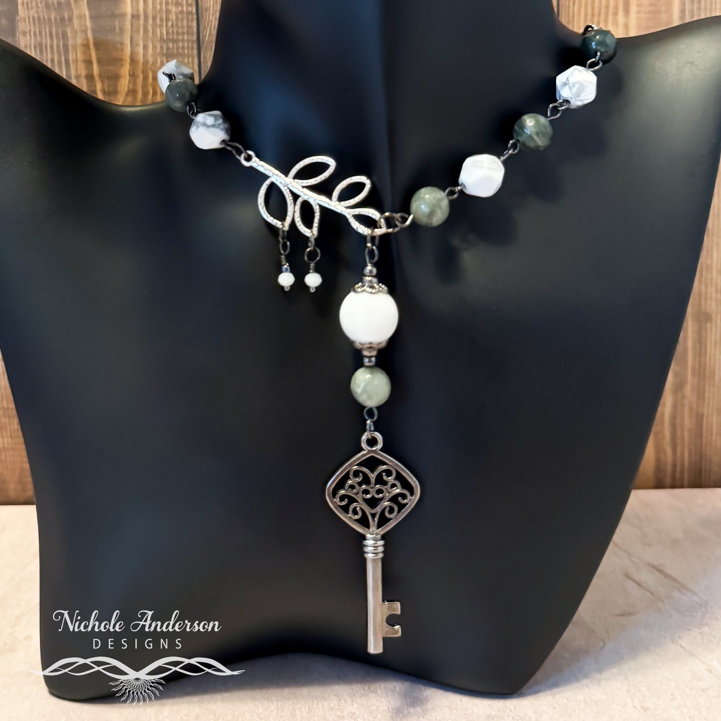 Key Howlite Green Line Jasper Necklace, 20 inches in length, Focal 3.5 inches long