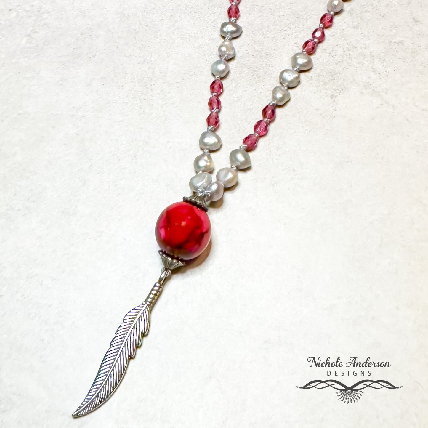 Knotted Grey Pearl & Dark Rose Pendant Necklace, 21 inches length, Pendant drop over 2 inches long