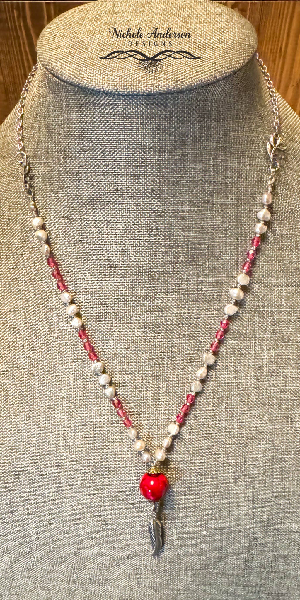 Knotted Grey Pearl & Dark Rose Pendant Necklace, 21 inches length, Pendant drop over 2 inches long