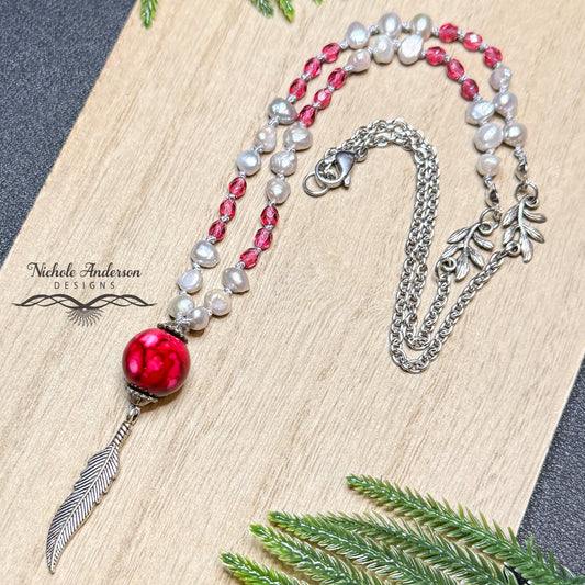 Knotted Grey Pearl & Dark Rose Pendant Necklace, 21 inches length, Pendant drop over 2 inches long